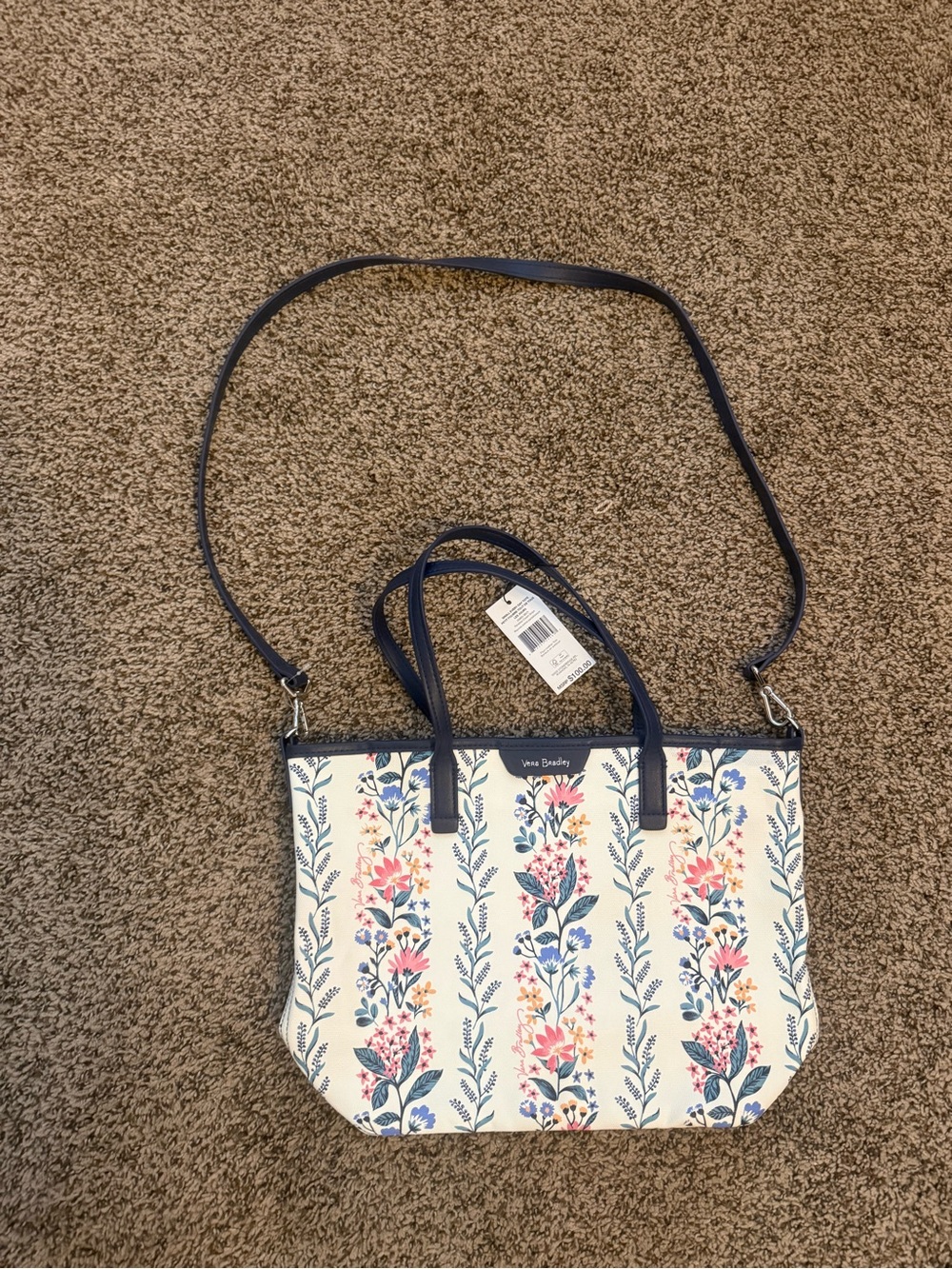 Vera Bradley Navy Trim Floral Stripe Crossbody Tote - Cream Base